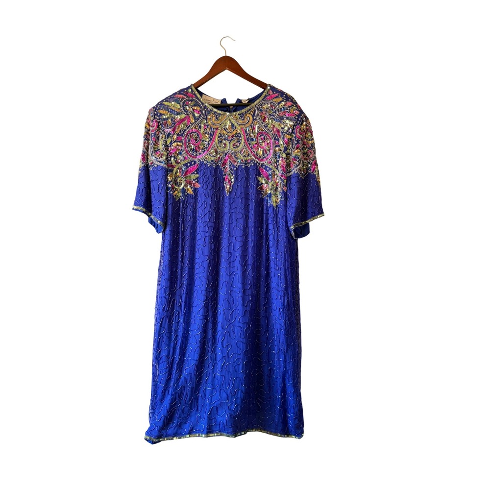 Laurence Kazar Vintage Silk Beaded Sequin Dress Royal Blue Floral 80s 90s 4x